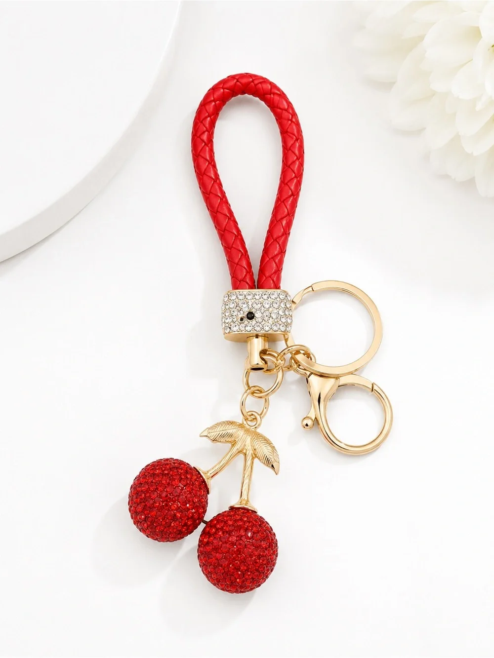 Red Cherry Crystal Key & Card Holder with Gold Hardware